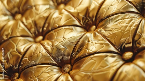 luxurious gold leather upholstery with intricate rhombic stitching closeup texture photo