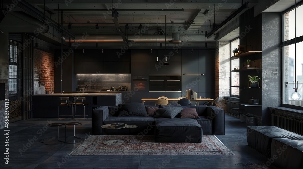 luxurious studio apartment with open floor plan in industrial loft style dark color scheme luxurious studio apartment with open floor plan in industrial loft style dark color scheme