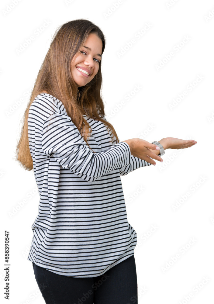Young beautiful brunette woman wearing stripes sweater over isolated background Inviting to enter smiling natural with open hand Young beautiful brunette woman wearing stripes sweater over isolated background Inviting to enter smiling natural with open hand