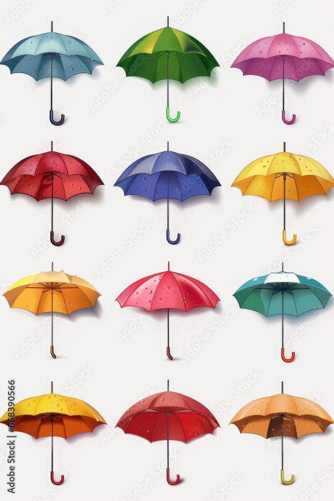 A collection of colorful umbrellas arranged neatly on a white background A collection of colorful umbrellas arranged neatly on a white background