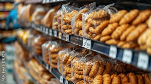 Supermarket shelf displayed with bags of cookies