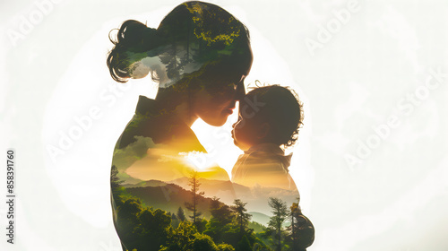 La silhouette d'une maman tenant un enfant tête contre tête en double exposition avec un paysage de forêt au coucher du soleil.