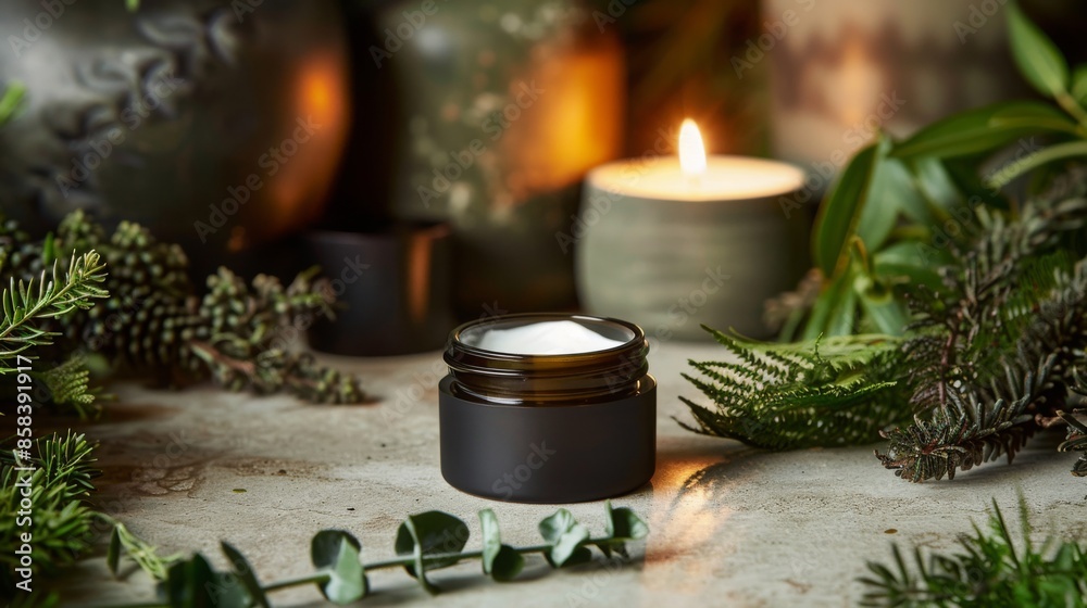 A black jar of cream sits on a light gray surface, surrounded by greenery and a lit candle. The scene is warm and inviting, suggesting relaxation and self-care. A black jar of cream sits on a light gray surface, surrounded by greenery and a lit candle. The scene is warm and inviting, suggesting relaxation and self-care.