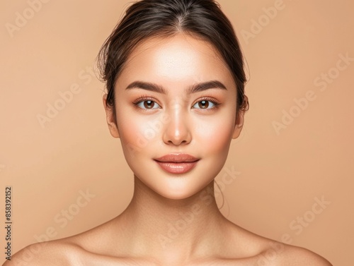 asian woman in front of a beige background. 