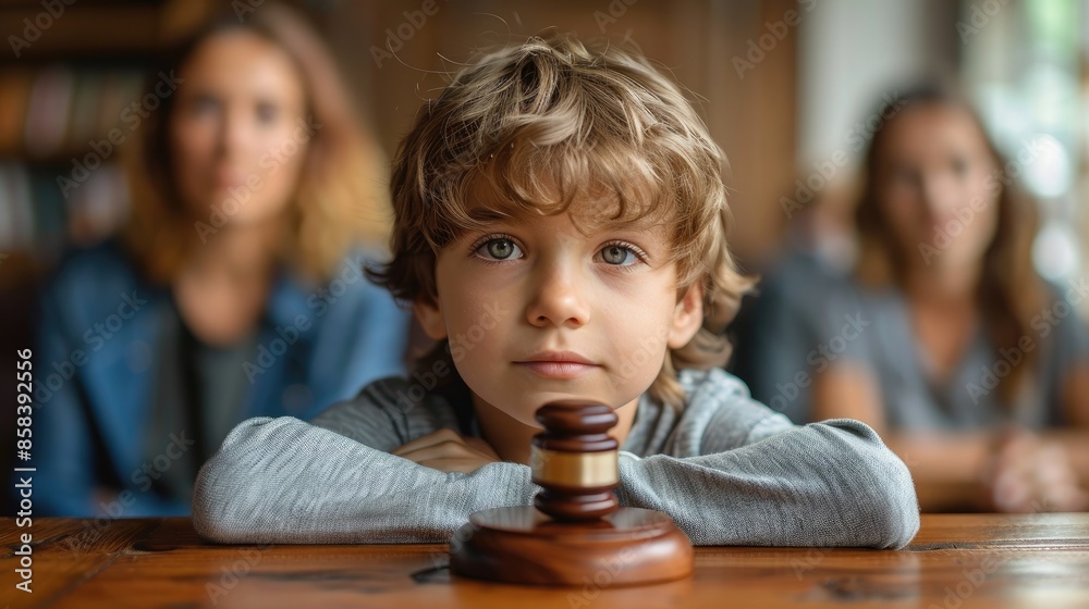 Cute child and mother at table with gavel of judge blurred in background, family law concept Cute child and mother at table with gavel of judge blurred in background, family law concept