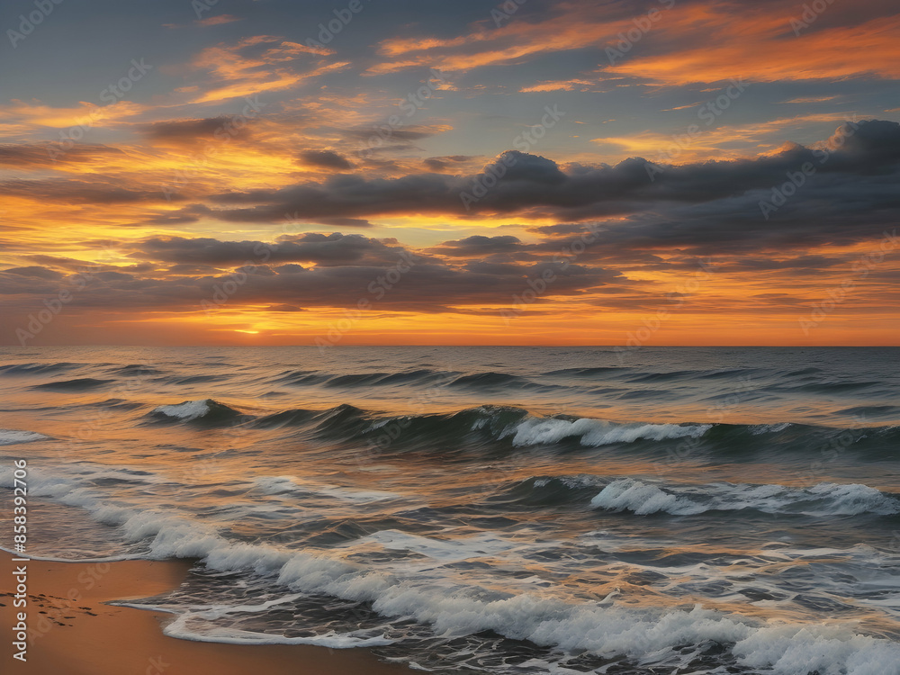 Obraz premium sunset on the beach clouds, coast, waves, landscape, cloud, dusk, nature, sand, wave, horizon, evening, summer, beautiful, travel,Ai generated 