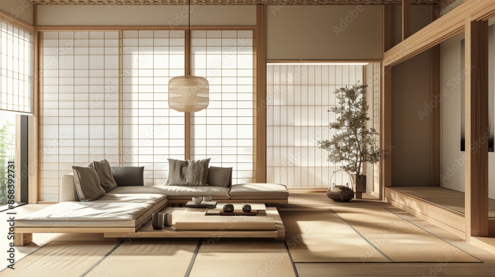 Modern japanese living room with wooden flooring and large windows Modern japanese living room with wooden flooring and large windows