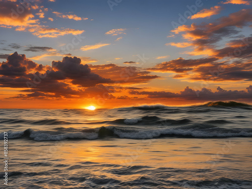 sunset at the beach landscape, beach, clouds, ocean, sunlight, horizon, orange, red, reflection, dusk, lake, evening,Ai generated 