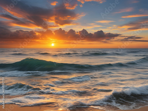 sunset on the beach  sunset, sea, sky, water, sunrise, sun, ocean, landscape, beach, nature, clouds, cloud, lake, reflection,Ai generated 