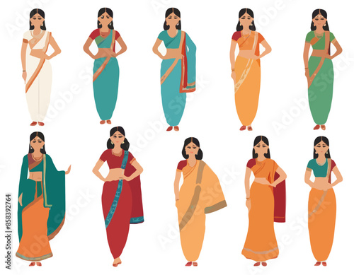 Indian woman. Set of different standing young adult women in the traditional national clothing isolated on white background in flat style. Differences people in the east dress. Vector illustration