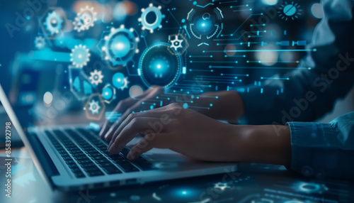 A person is typing on a laptop with a blue screen that has a lot of gears by AI generated image