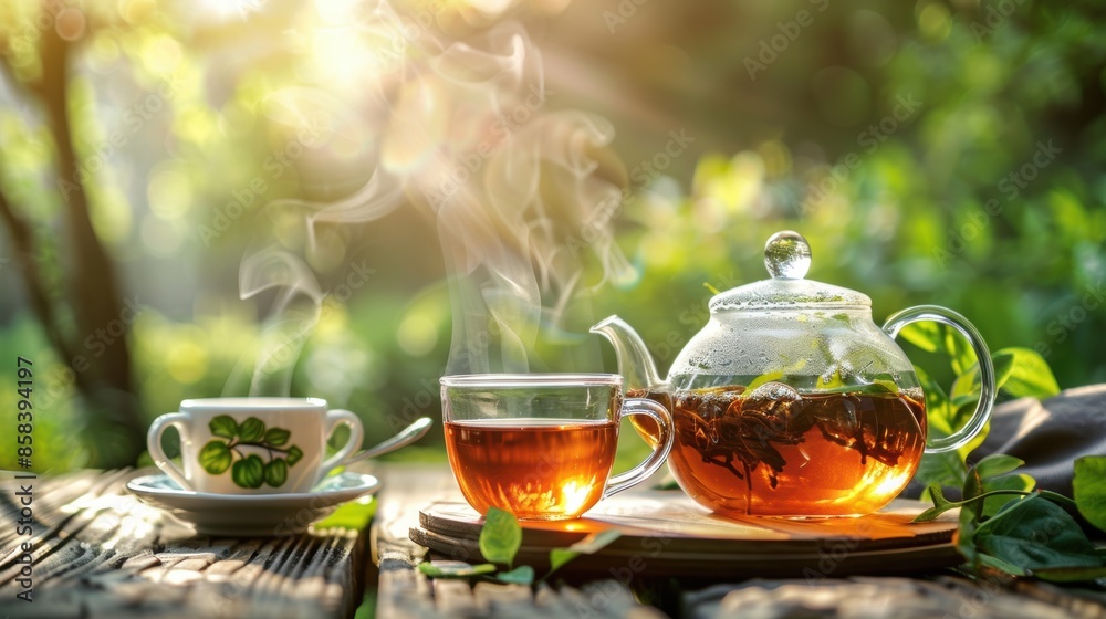 Steaming cup of black tea on a sunny summer day Steaming cup of black tea on a sunny summer day