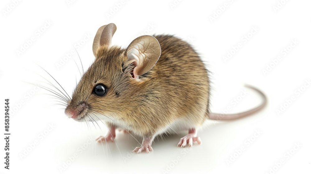 Close up of a house mouse standing sideways gazing forward and away from the camera isolated on white background Close up of a house mouse standing sideways gazing forward and away from the camera isolated on white background