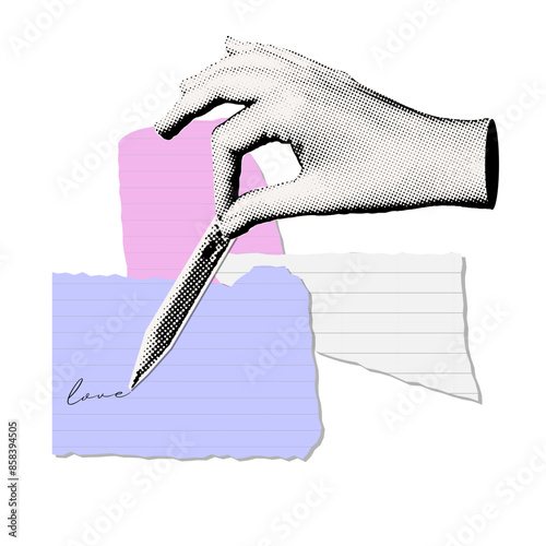 Funny Hand holding a pencil. Trendy halftone collage in vintage mixed art style. Vector illustration.
