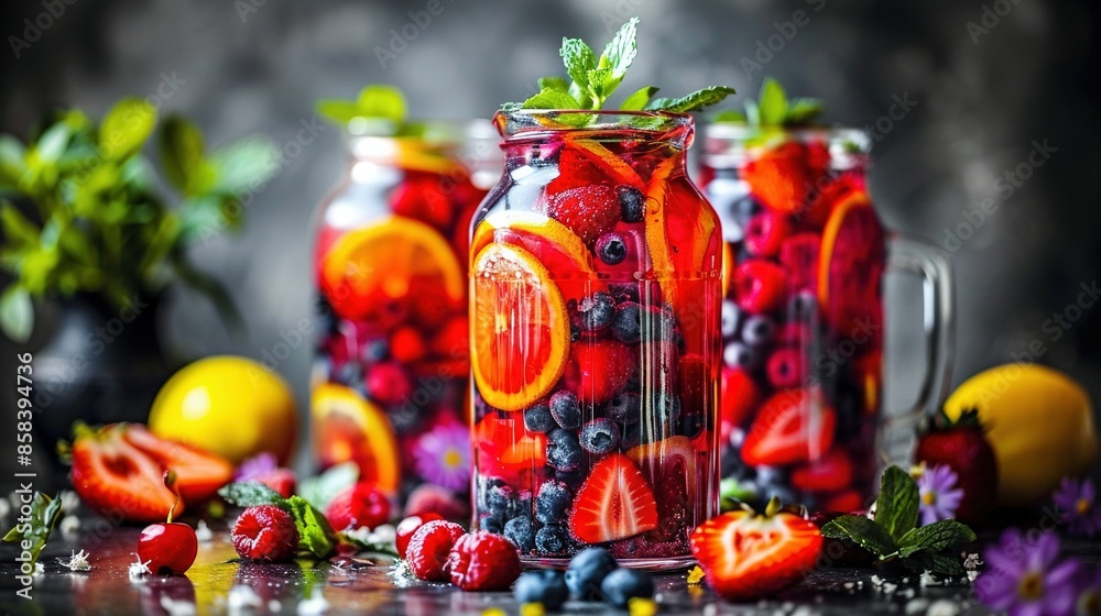 Fototapeta premium A collection of mason jars brimming with berries, oranges, blueberries, raspberries, and mint