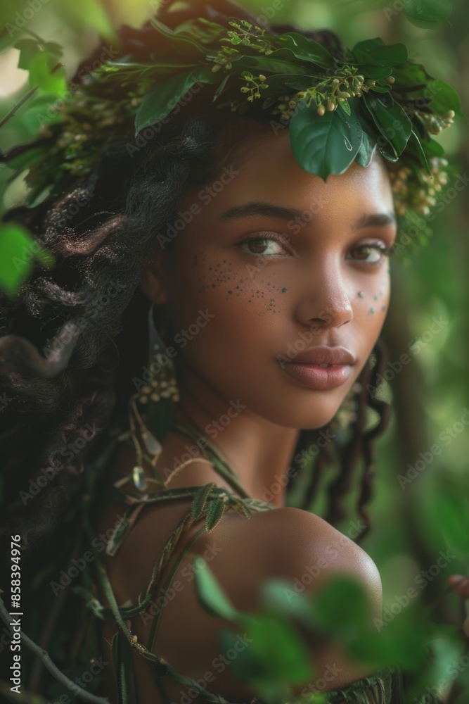 A woman wearing a wreath of leaves on her head, possibly for a festival or celebration A woman wearing a wreath of leaves on her head, possibly for a festival or celebration
