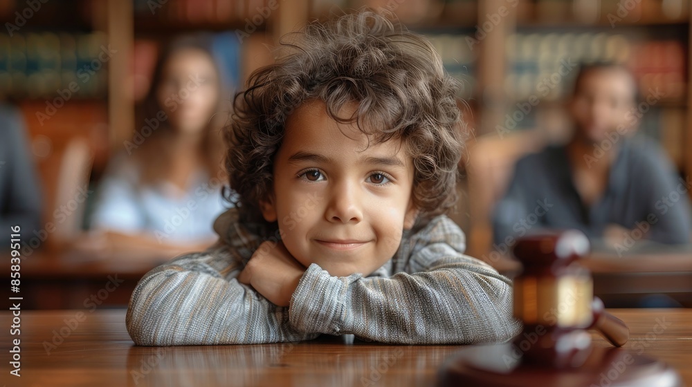 Cute child and mother at table with gavel of judge blurred in background, family law concept Cute child and mother at table with gavel of judge blurred in background, family law concept
