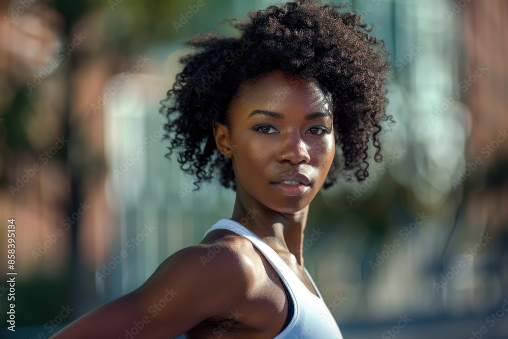 African American woman with afro hairstyle posing for photo shoot, possibly for editorial or commercial use African American woman with afro hairstyle posing for photo shoot, possibly for editorial or commercial use