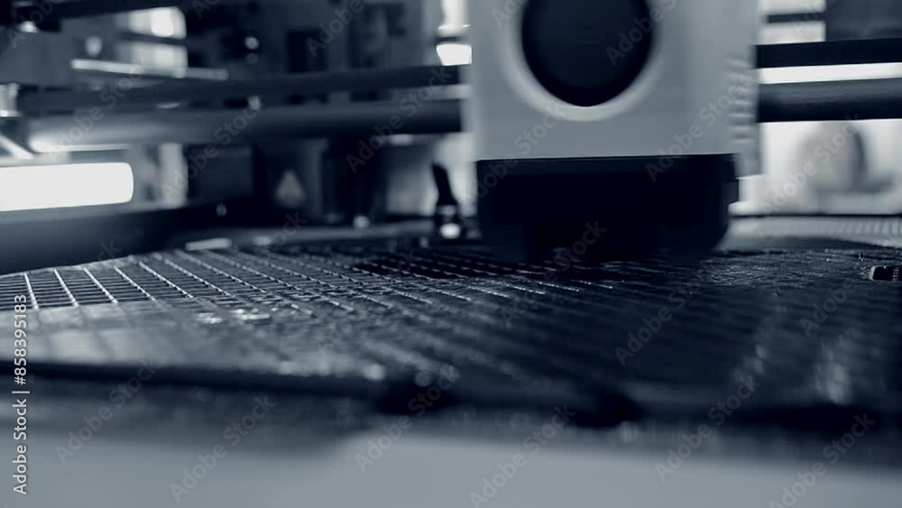 3D printer close up. A working 3D printer in process of printing object from molten plastic. 3D printer creating model by flowing liquid plastic from an extruder of printer. 3D printing technology 3D printer close up. A working 3D printer in process of printing object from molten plastic. 3D printer creating model by flowing liquid plastic from an extruder of printer. 3D printing technology