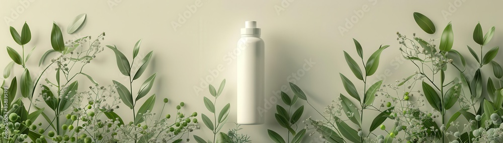 A detailed 3D render of an organic face toner bottle with visible herbal extracts, realistic, neutral tones, high detail, intricate textures A detailed 3D render of an organic face toner bottle with visible herbal extracts, realistic, neutral tones, high detail, intricate textures