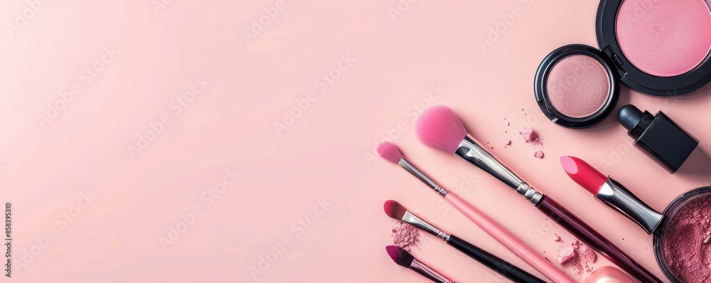 A makeup palette with a pink background. The palette includes a brush, a lipstick, and a mascara. Free copy space for text. A makeup palette with a pink background. The palette includes a brush, a lipstick, and a mascara. Free copy space for text.