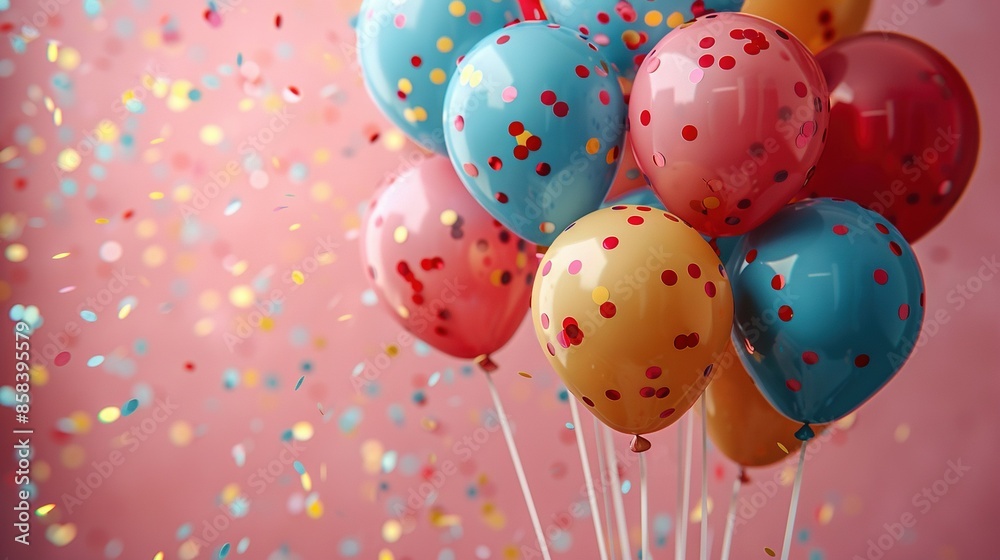 A few balloons filled with confetti, surrounded by more confetti at the base A few balloons filled with confetti, surrounded by more confetti at the base