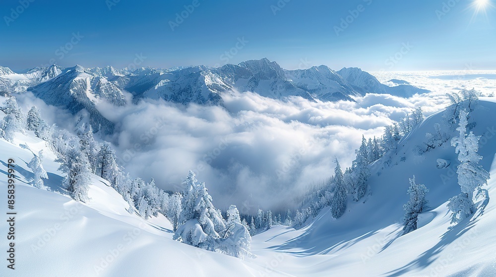 Obraz premium A stunning view of a mountain blanketed in snow, framed by trees in the foreground and wispy clouds in the sky