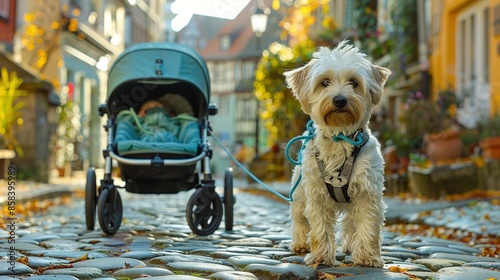   A tiny white pooch stands beside a pram on a cobbled path with an infant inside photo