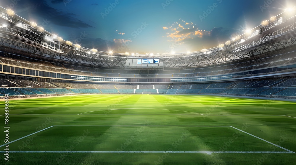 A soccer field with a bright green grass and a few lights in the background. Football stadium arena for professional match with spotlight A soccer field with a bright green grass and a few lights in the background. Football stadium arena for professional match with spotlight