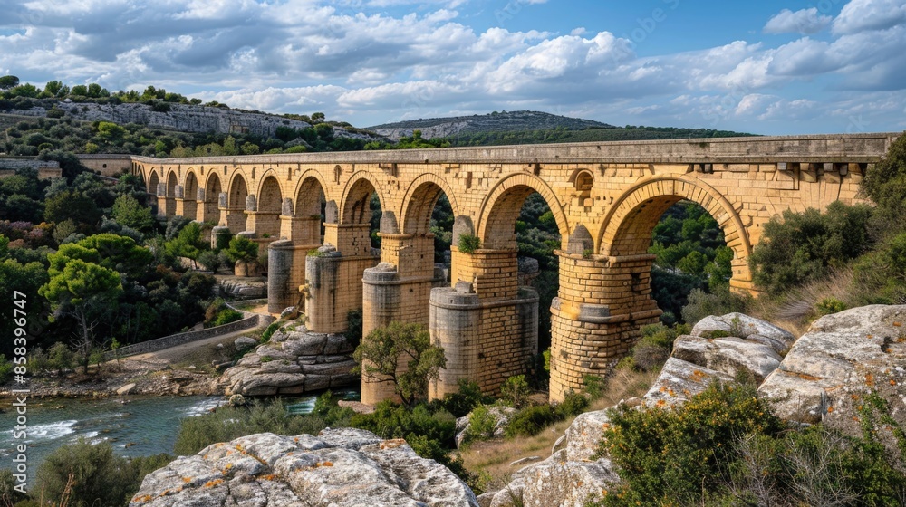 A picturesque scene of a stone bridge spanning a river, with a majestic mountain in the background A picturesque scene of a stone bridge spanning a river, with a majestic mountain in the background
