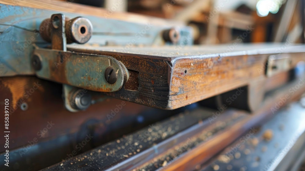 Close up of used planing machine lever in woodworking workshop carpentry industry concept Close up of used planing machine lever in woodworking workshop carpentry industry concept