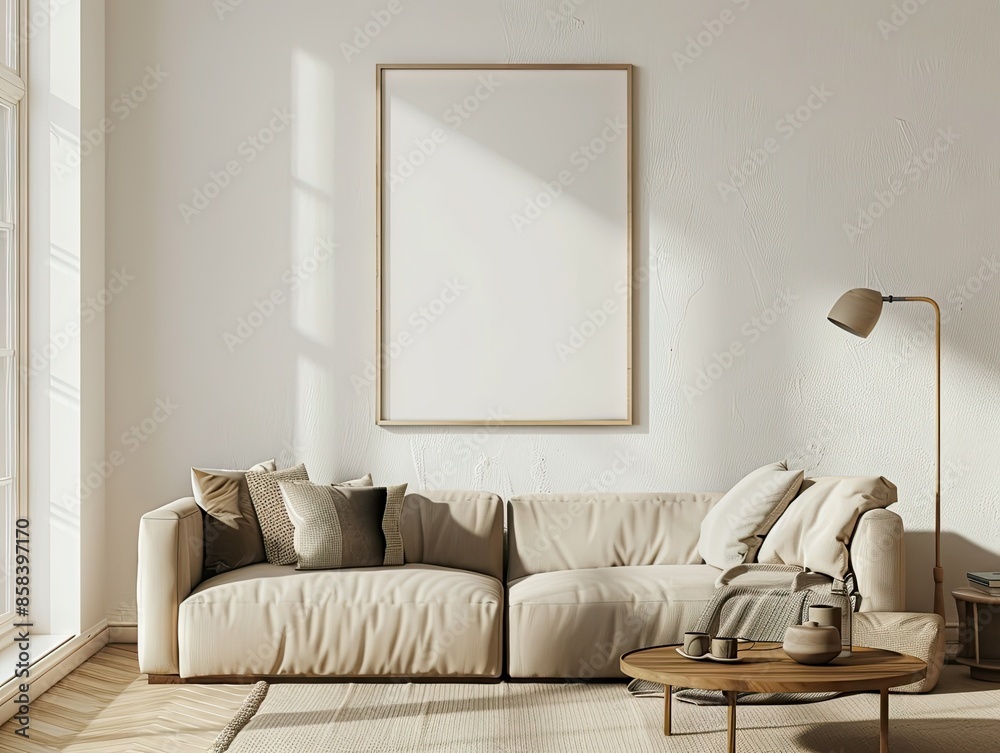 Minimalist Living Room with Beige Sofa and Empty Frame Minimalist Living Room with Beige Sofa and Empty Frame