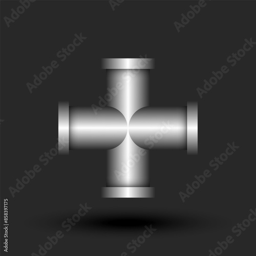 Cross shape or plus sign 3d logo metallic pipe shape construction with flanges, silver colored creative identity symbol, metal logotype industrial style design.