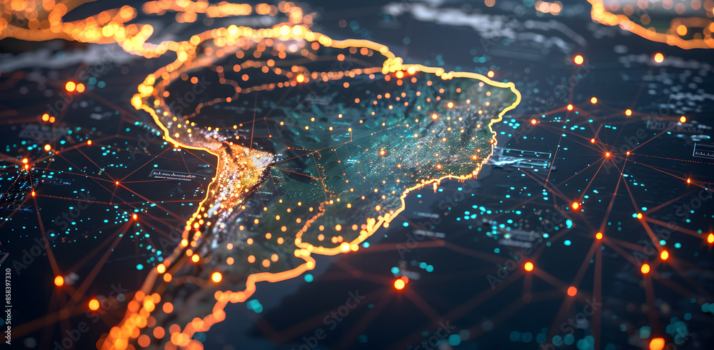 Abstract digital Map of South America with Glowing Connections Between Cities. The concept of global network and connectivity, data world transfer and cyber technology. earth, business, digital Abstract digital Map of South America with Glowing Connections Between Cities. The concept of global network and connectivity, data world transfer and cyber technology. earth, business, digital