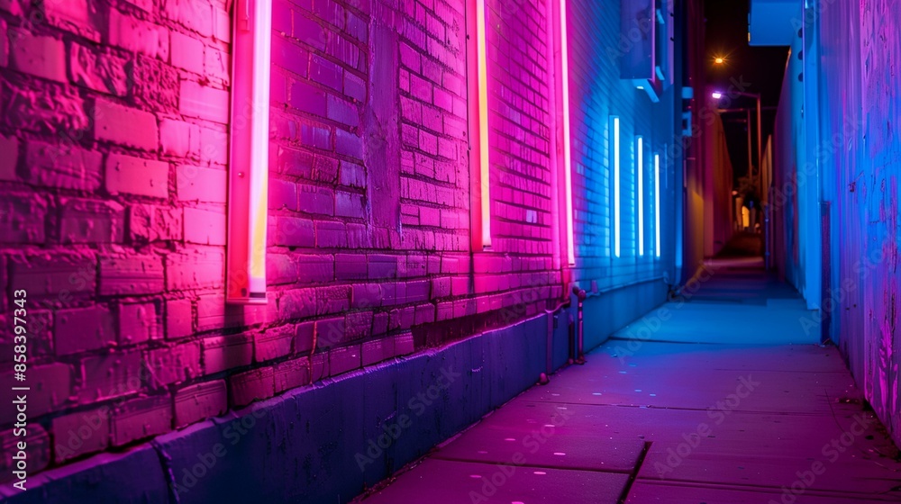 a long narrow hallway with neon lights on the walls a long narrow hallway with neon lights on the walls