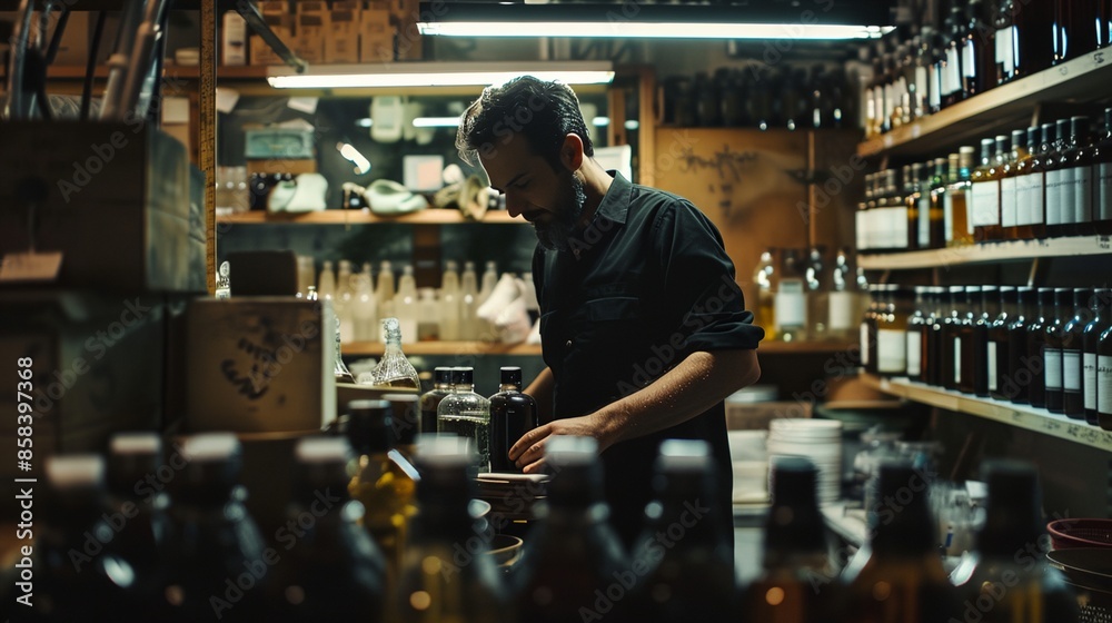 a man is working in a wine shop with bottles on the shelves behind him a man is working in a wine shop with bottles on the shelves behind him
