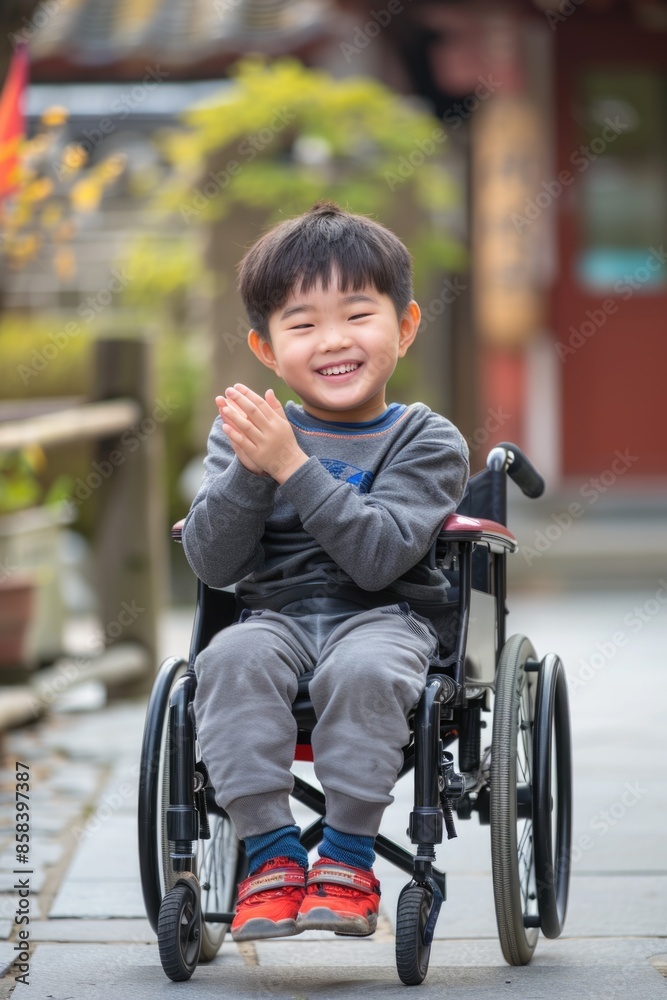 A young boy in a wheelchair claps his hands with excitement, perfect for use in education or disability awareness campaigns