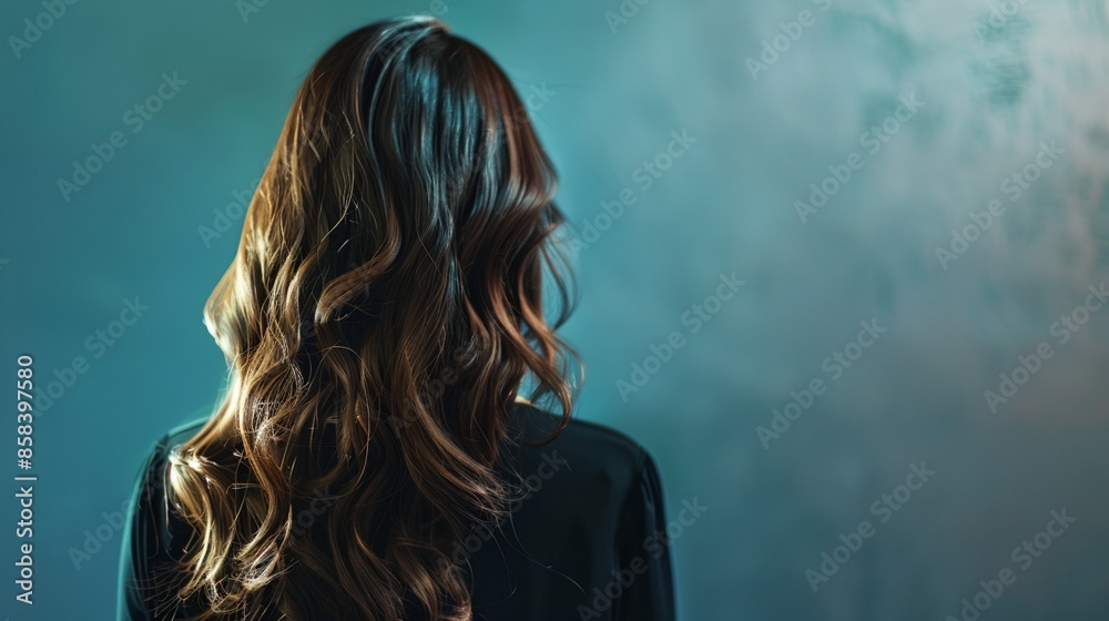 a woman with long hair standing in front of a wall with a blue background a woman with long hair standing in front of a wall with a blue background