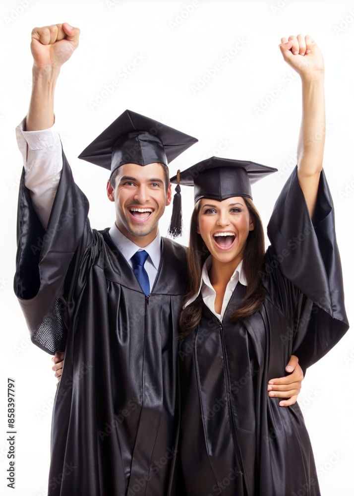 Happy Graduates Celebrating in Cap and Gown - Perfect for Graduation Announcements and Educational Success Stories Happy Graduates Celebrating in Cap and Gown - Perfect for Graduation Announcements and Educational Success Stories