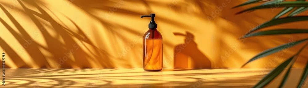 Amber glass bottle with pump dispenser on a wooden surface with palm leaves shadow
