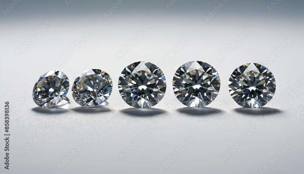 A close-up image of five round cut diamonds arranged in size order from smallest to largest on a white surface A close-up image of five round cut diamonds arranged in size order from smallest to largest on a white surface