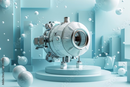 Fototapeta Naklejka Na Ścianę i Meble -  Futuristic Space Station Module on a Pastel Blue Podium