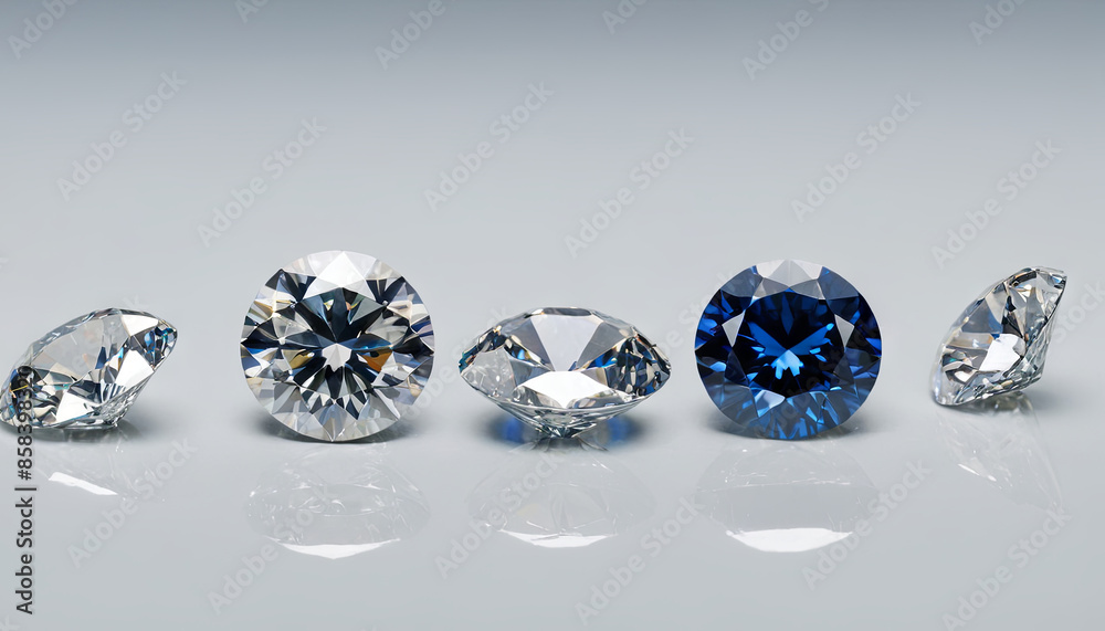 Fototapeta premium Five round cut diamonds of various sizes and colors are displayed on a gray surface