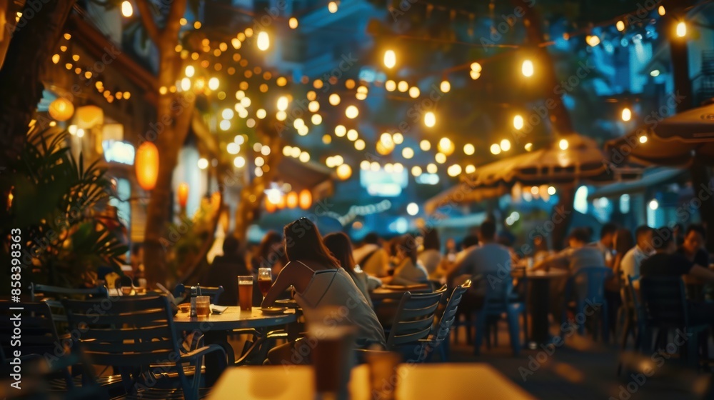Evening street bar scene with bokeh lights and outdoor seating Evening street bar scene with bokeh lights and outdoor seating