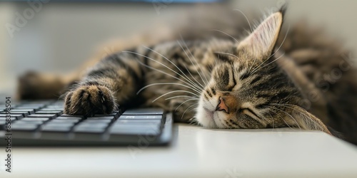 A cute tabby cat is seen napping soundly next to a keyboard, depicting a peaceful and relaxed state, adding a touch of charm to an otherwise ordinary workspace. photo