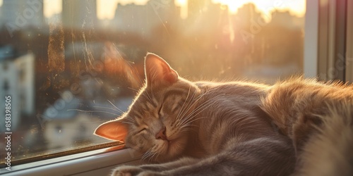 An adorable cat comfortably sleeping near a window, with the golden rays of the setting sun illuminating its fur, creating a warm and cozy ambiance in the room. photo