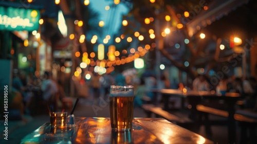 Evening beer at a bustling outdoor bar photo