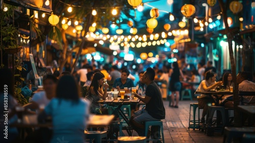 Evening out at a lively street bar in southeast asia photo