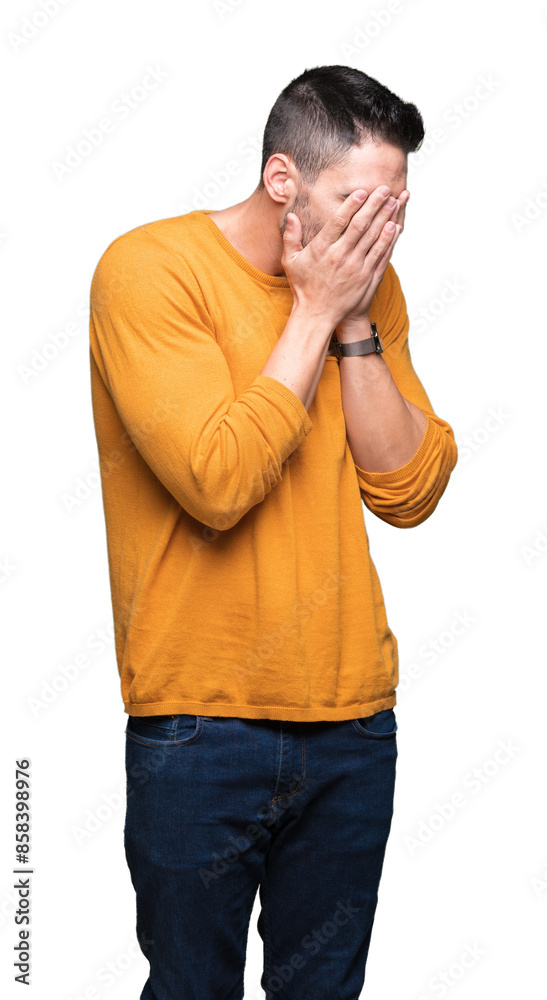 Young handsome man over isolated background with sad expression covering face with hands while crying. Depression concept. Young handsome man over isolated background with sad expression covering face with hands while crying. Depression concept.