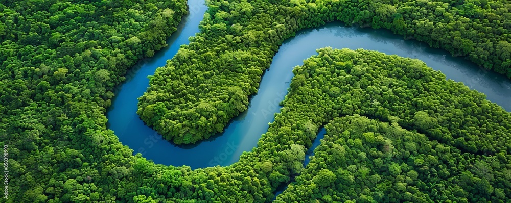 - Aerial view of verdant woodlands with azure serpentine waterway